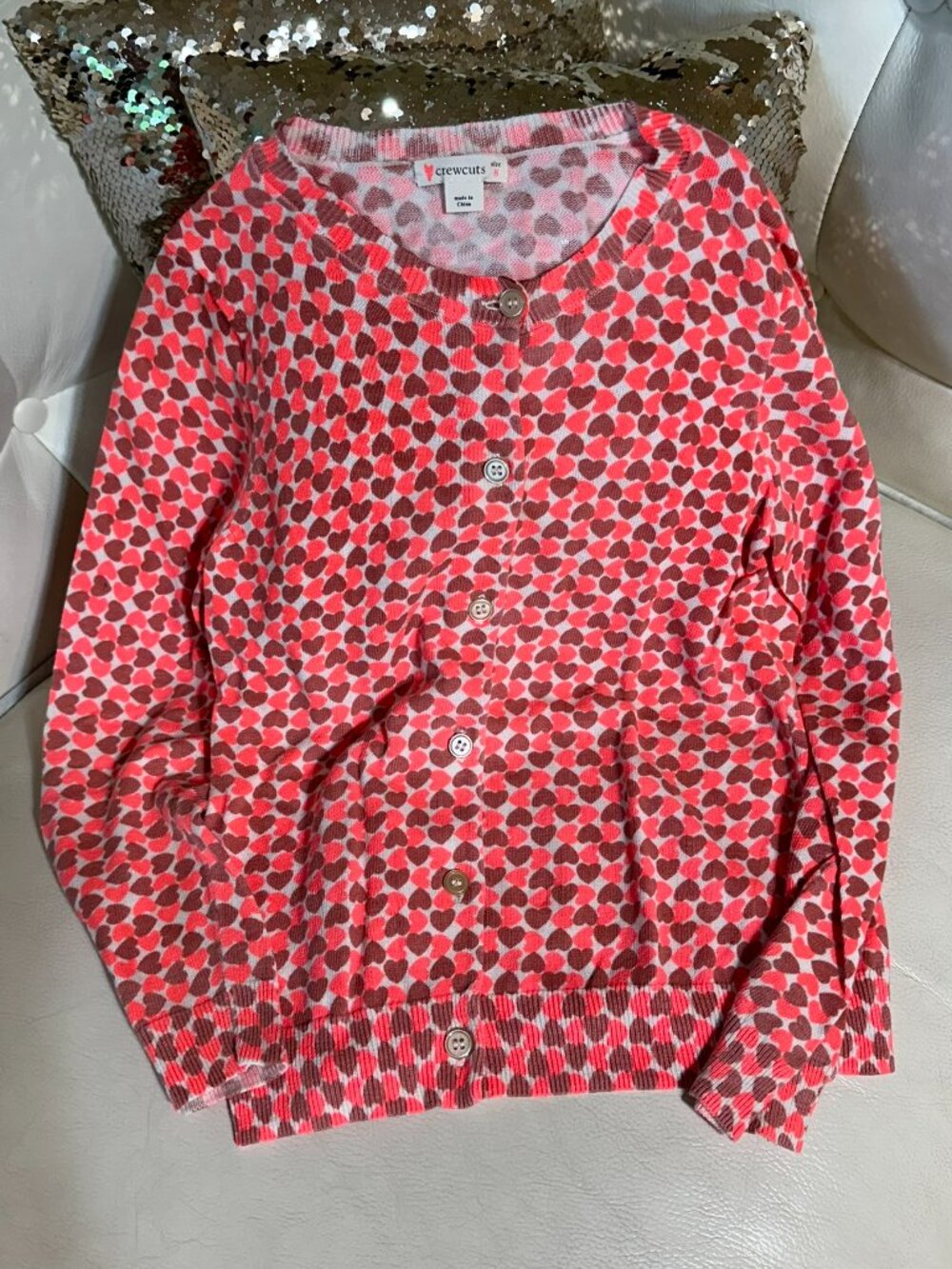 Crewcuts J Crew Girls Heart Print Cardigan Sweater Pink Coral Size 8 Knit